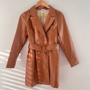 Princess Polly Trench Coat Tan Brown Vegan Faux Leather Chic Belted Jacket XS